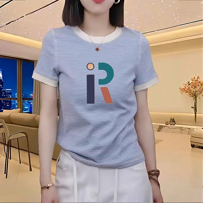 胖mm韩版条纹正肩大码女装夏季短袖t恤显瘦洋气减龄半袖宽松上衣
