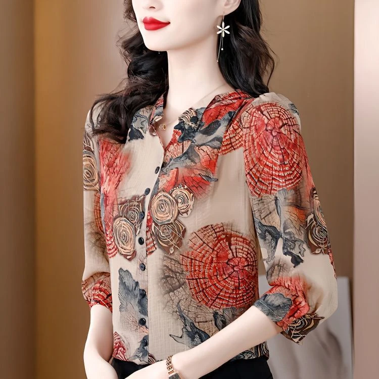 高档衬衫女2023春夏新款七分袖套头印花妈妈上衣宽松遮肚小衫