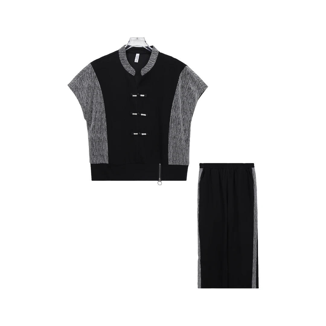 高级感新中式盘扣短袖阔腿长裤休闲套装S1268