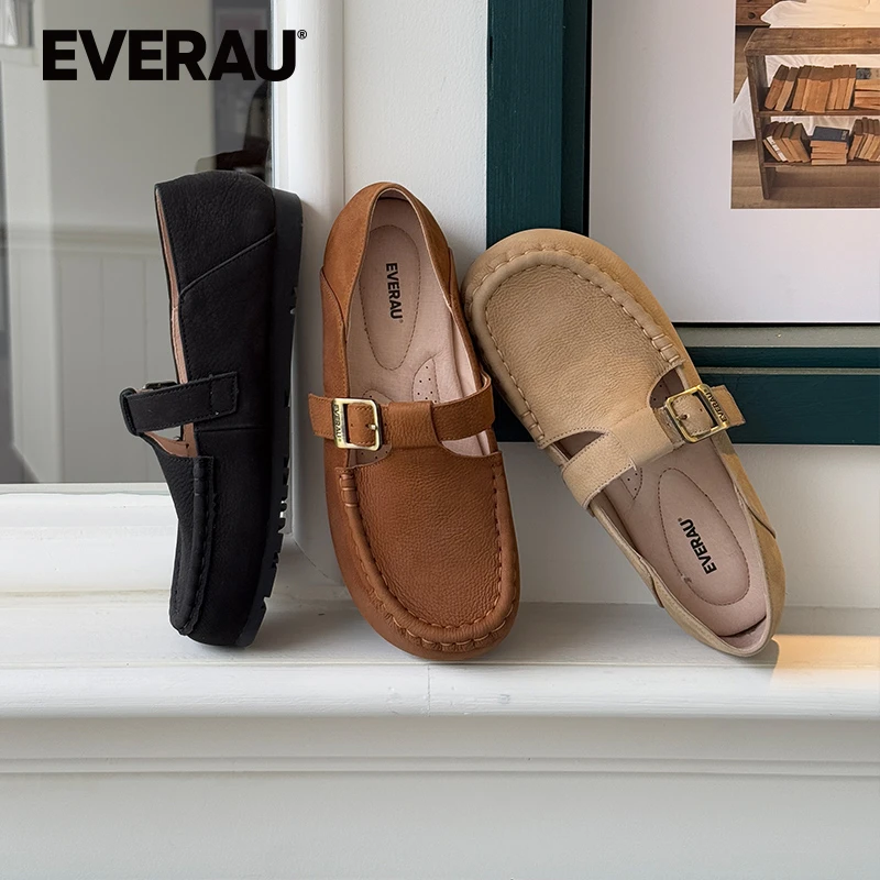EVERAU厚底豆豆鞋女士2025春秋休闲一脚蹬平底乐福复古单鞋EA7079