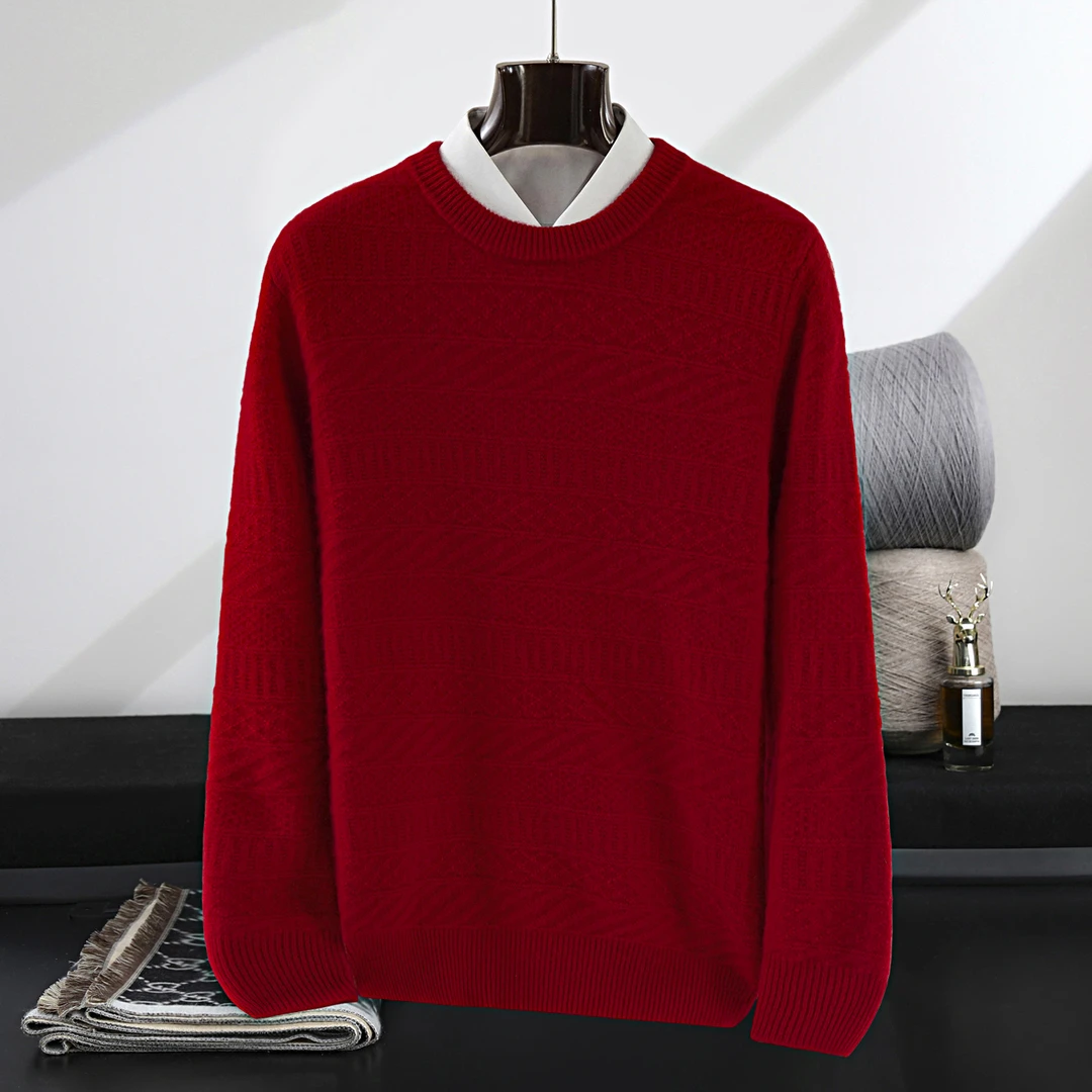 圆领套头羊绒衫100%山 羊绒男士双股加厚纯色提花打底羊绒衫