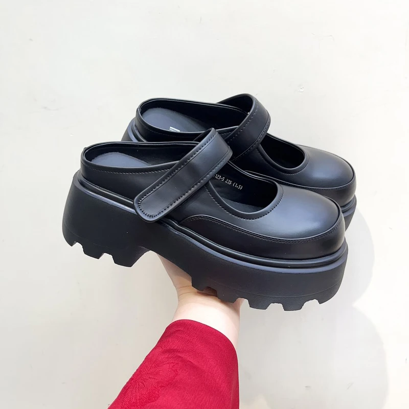 欧洲站一脚蹬粗跟厚底半拖鞋女2025春季一字扣带包头拖鞋玛丽珍鞋