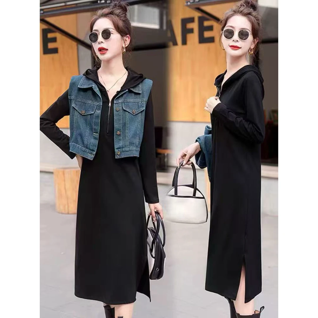 2100-2025年秋季新款洋气时尚显瘦减龄牛仔马甲+连帽连衣裙两件套