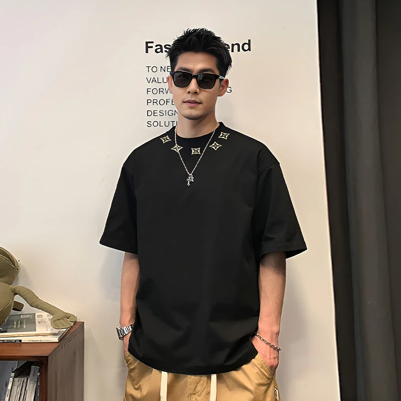 2025夏季新款男士刺绣圆领短袖半袖圆领T恤t恤潮流夏季重磅男装