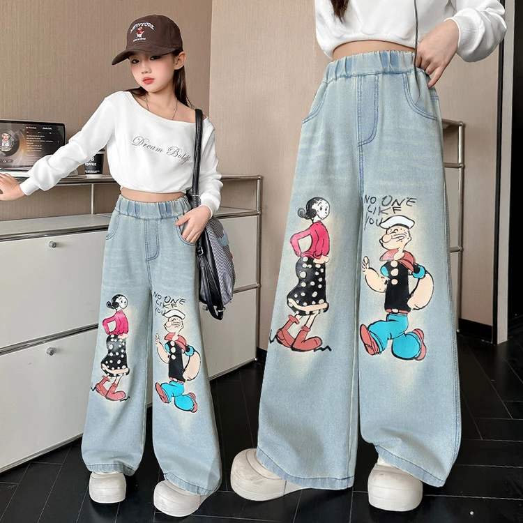 浅蓝卡通水手美式复古牛仔裤女2025春秋新款新款阔腿高街松紧长裤