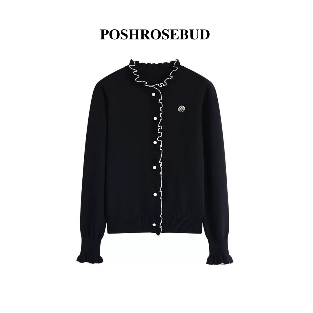 【POSHROSEBUD】木耳边小香风撞色立领针织开衫女Y-685
