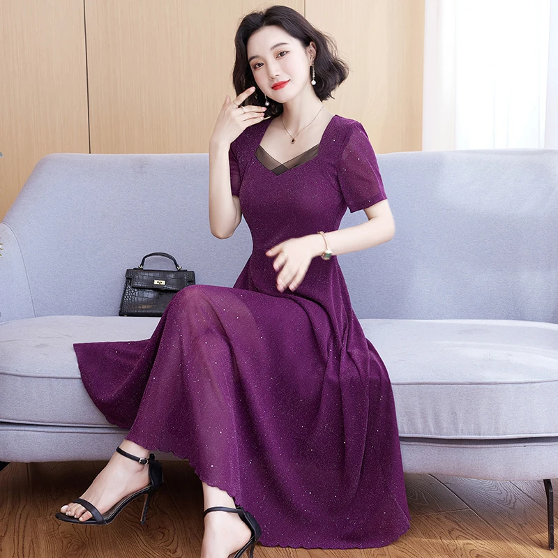 2025新款夏季短袖网纱气质长款连衣裙女大码收腰显瘦过膝长裙子