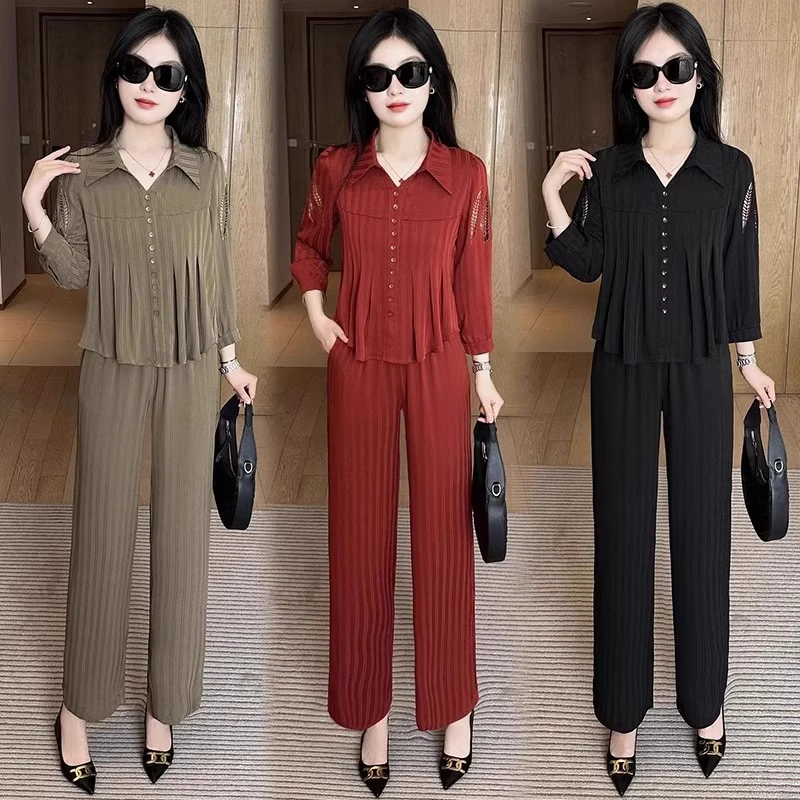 小个子翻领休闲运动时尚套装女2025春秋新款衬衣气质阔腿裤两件套