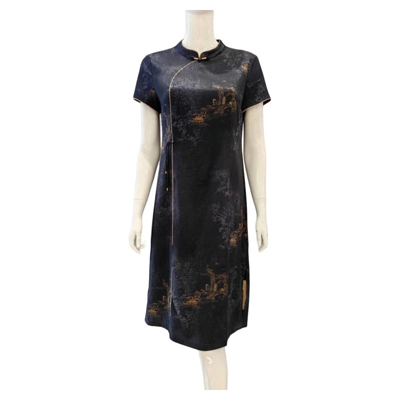 826重磅仿真丝提花旗袍裙仿桑蚕丝新中式复古连衣裙洋气妈妈装25