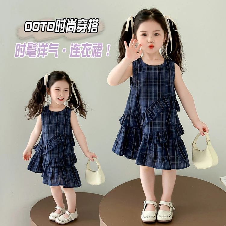 连衣裙韩版夏季格纹格子女童中小童儿童洋气女宝无袖宝宝时尚小孩