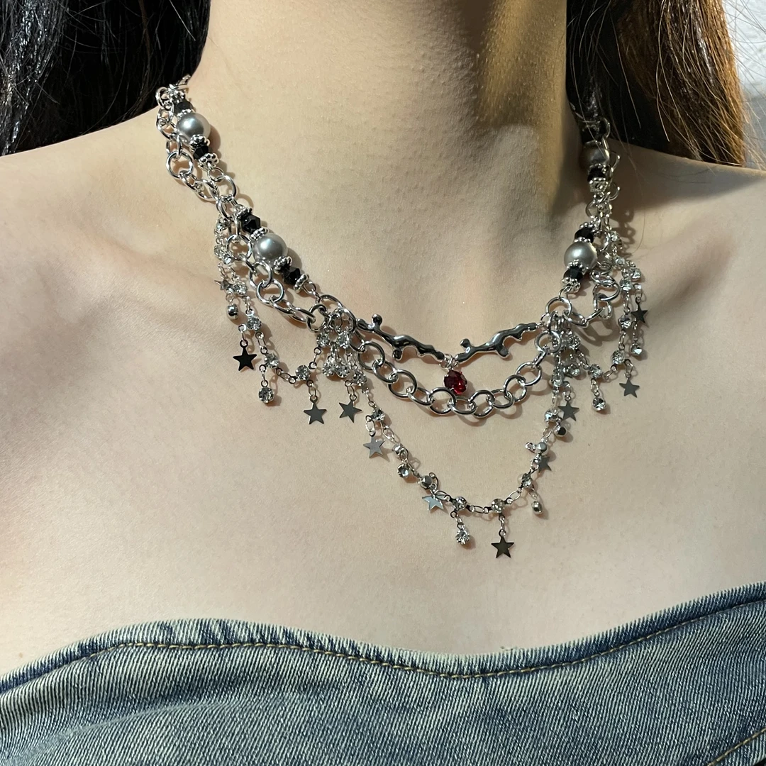 铜合金项链 1571辣妹风小众原创双层叠戴流苏星星项链星芒锁骨链