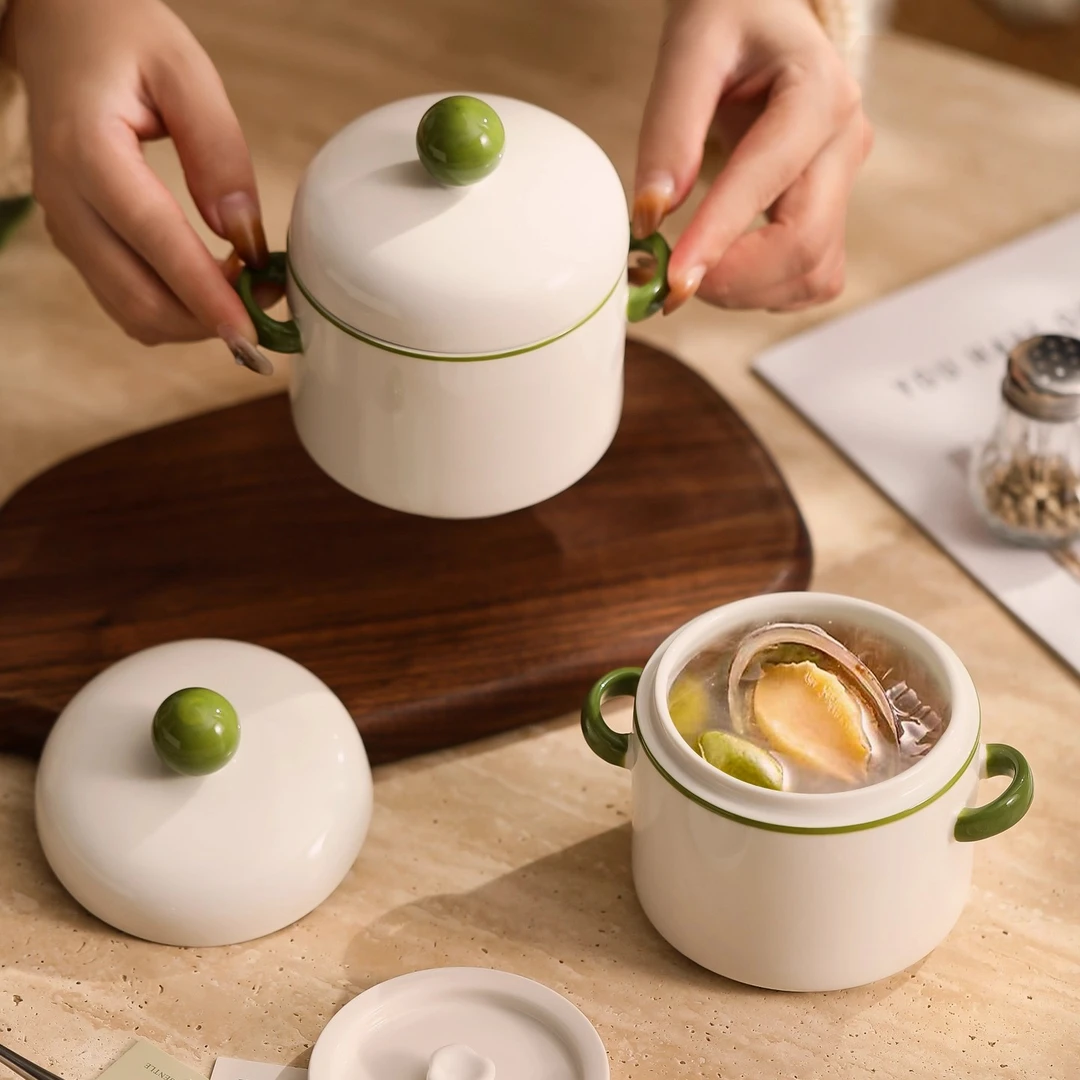 漫时光陶瓷炖盅带盖双耳汤煲家用新款多功能隔水炖煮一人小号汤锅