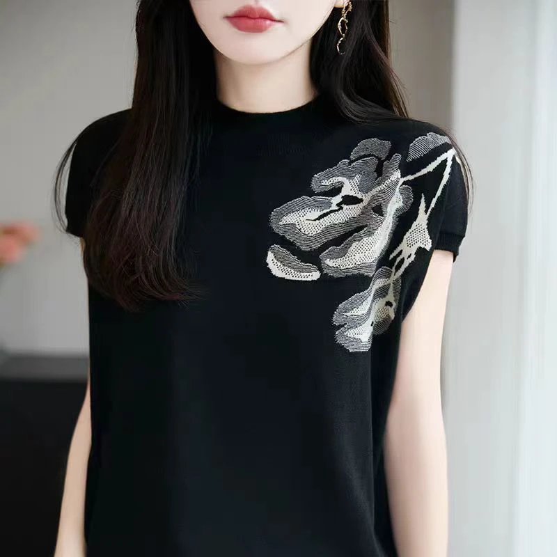 【花朵】黑色~半高圆领中式短袖针织T恤女2025新款修身显瘦无袖上衣