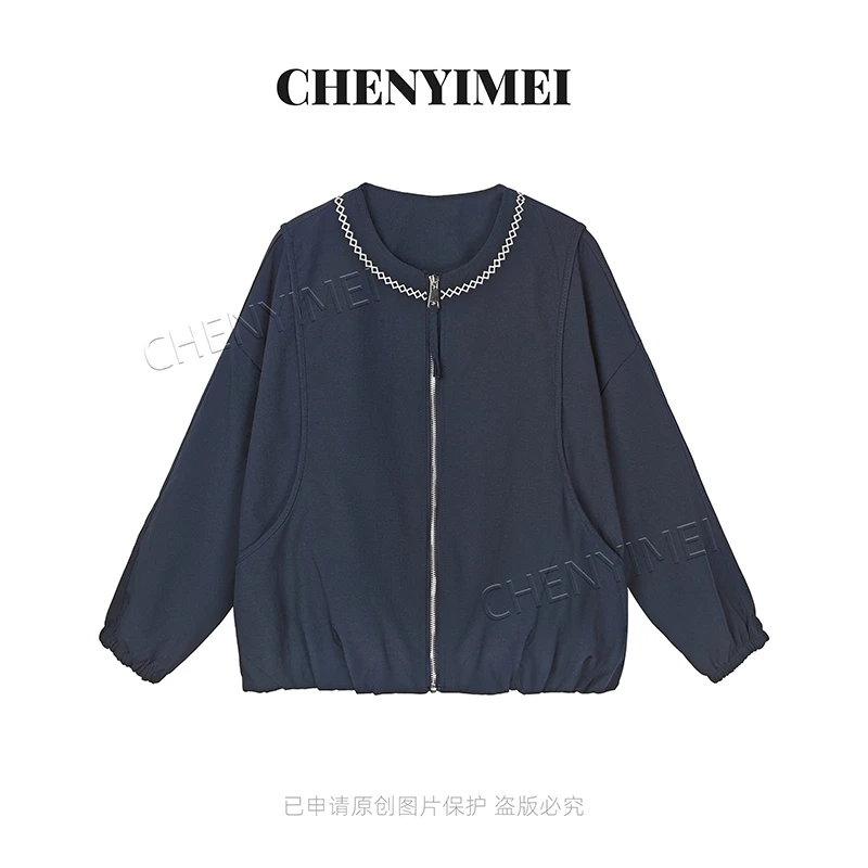 CYM3048秋款夹克圆领衬衫外套女简约时尚休闲宽松遮肉通勤外穿