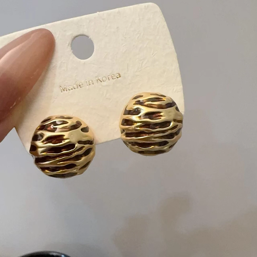 铜合金耳饰 圆形弯曲条纹豹纹气质欧美风复古高级感耳饰 S60