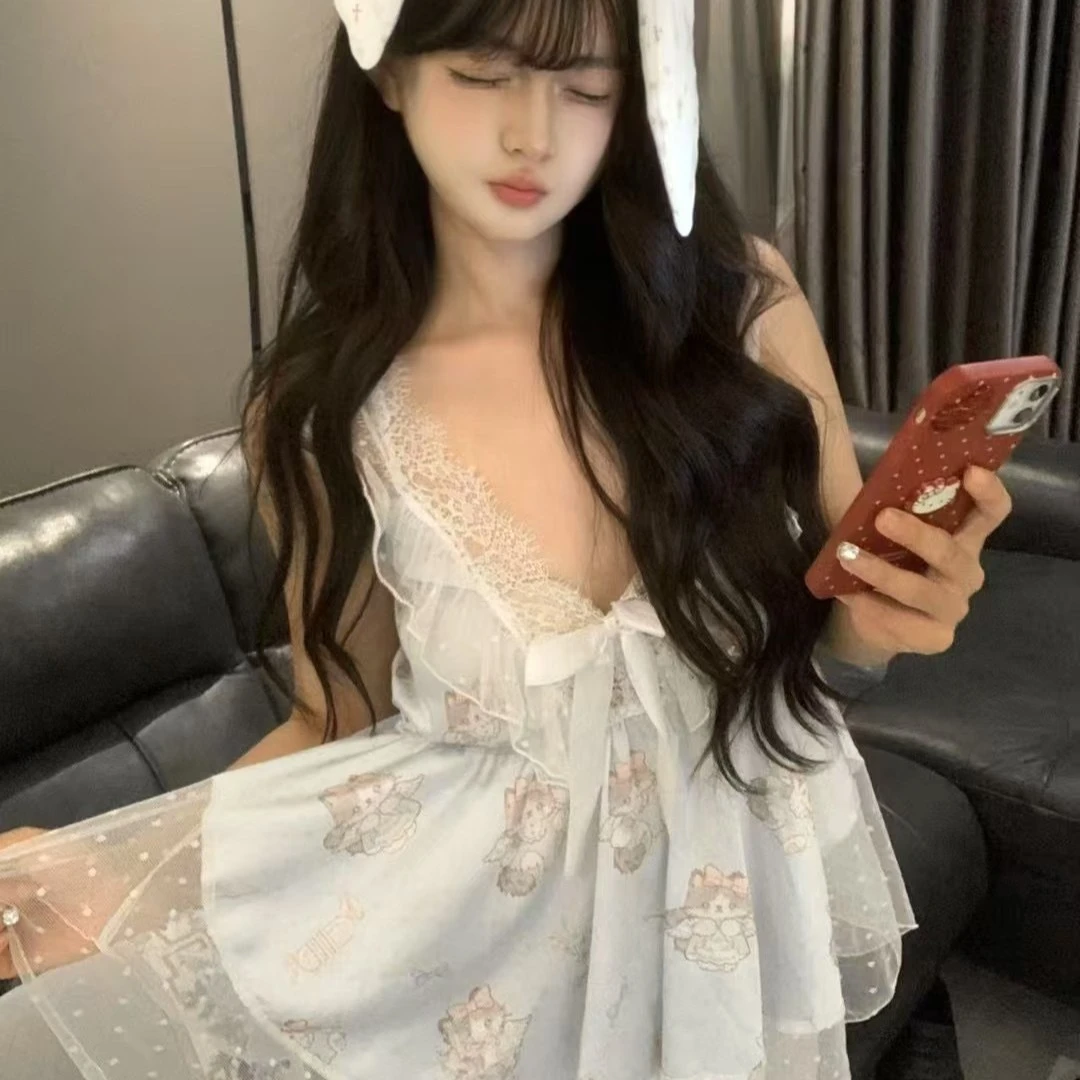 新款纯欲性感V领冰丝睡衣女吊带短裤甜美风可爱高级感日系家居服