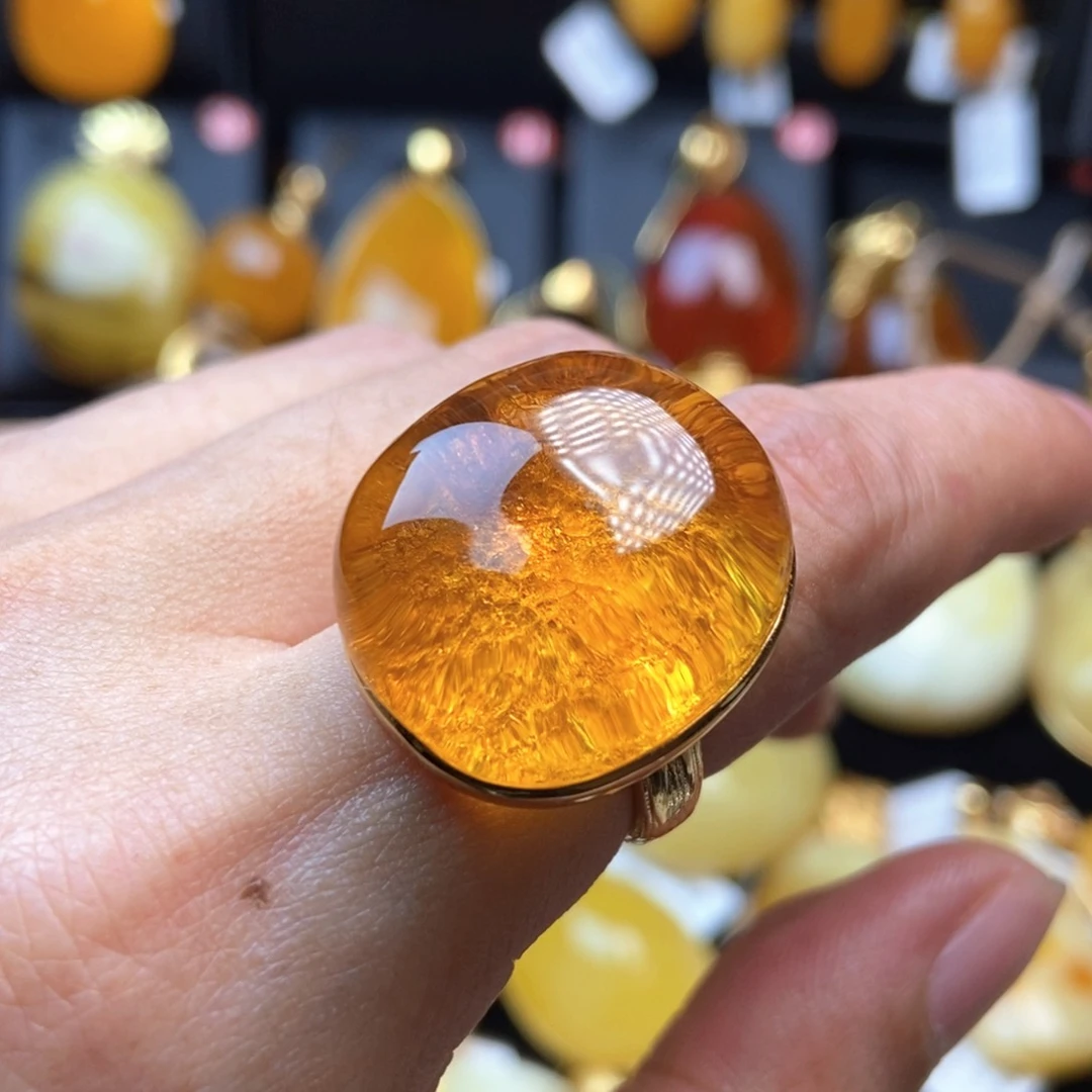 琥珀银S925镀金镶嵌戒指
