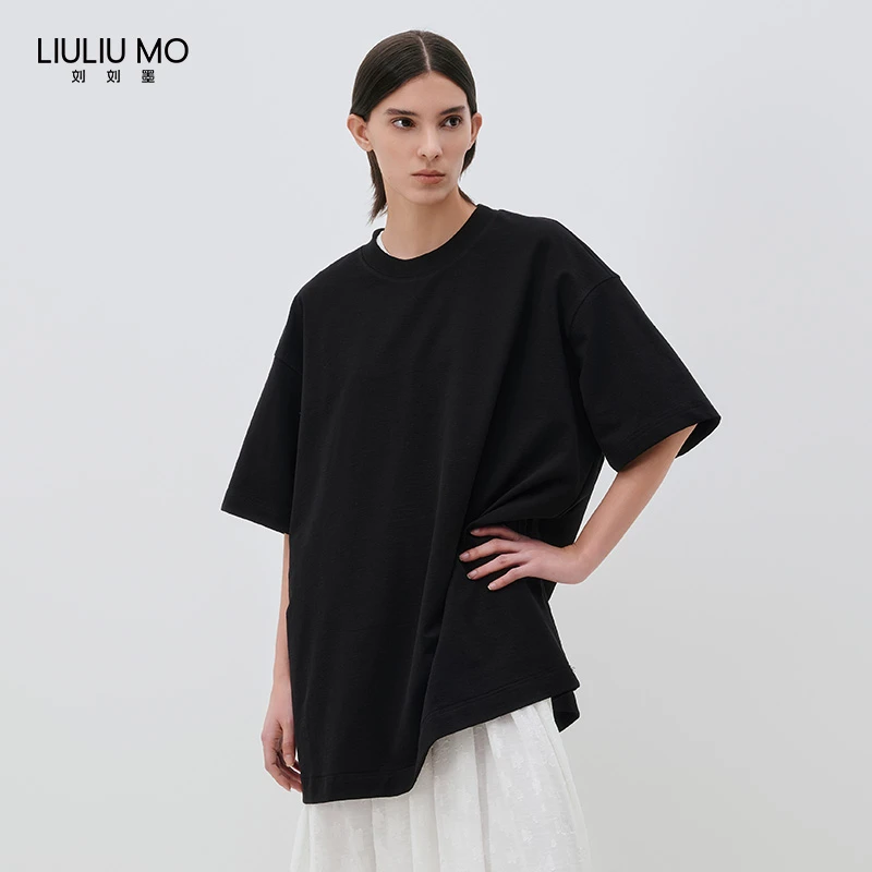 刘刘墨小众设计时尚夏季新款黑色圆领宽松休闲极简百搭显瘦T恤