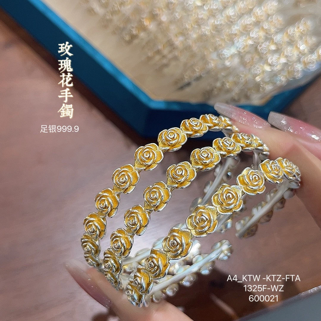 足银手镯 足银999.9描金ins玫瑰花手镯纯银金色手工约28.15g