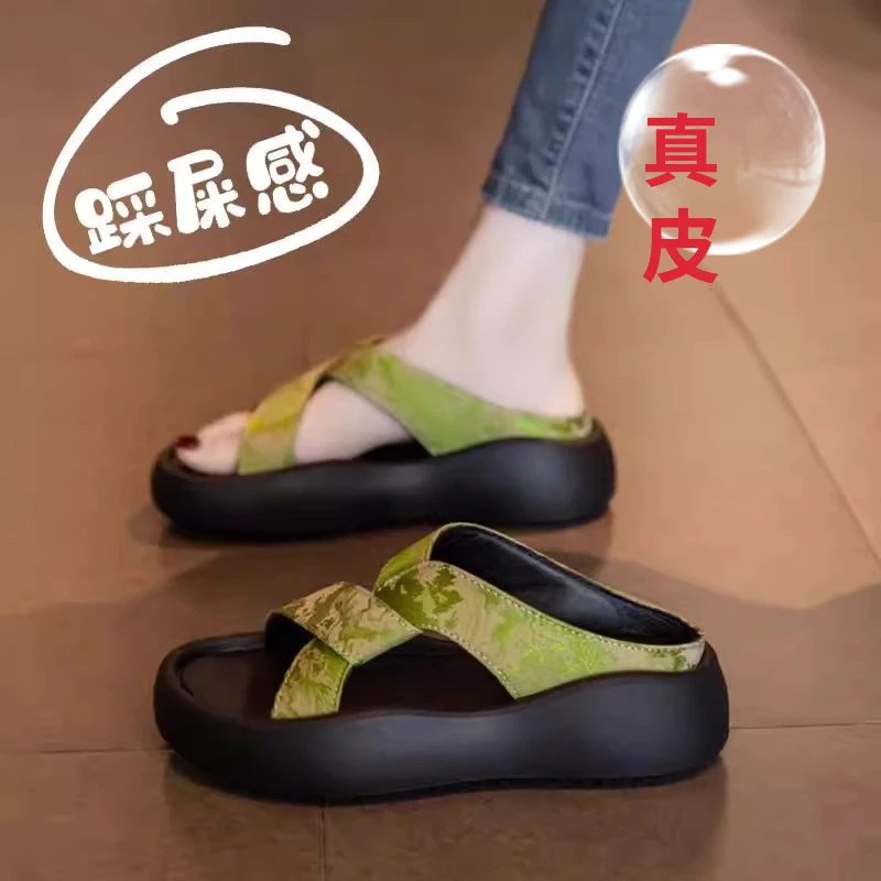 【商场撤柜】中式拖鞋女外穿2025夏季新款时尚厚底外出沙滩鞋一字