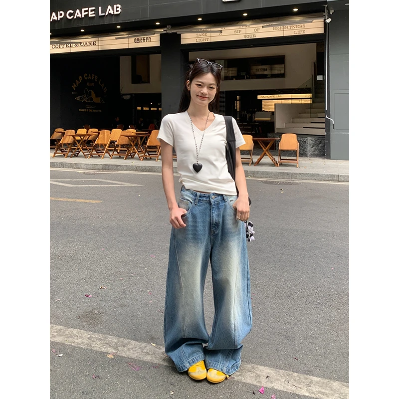 宋正恩复古阔腿牛仔裤女新款宽松长裤高腰百搭直筒拖地裤ST723-1