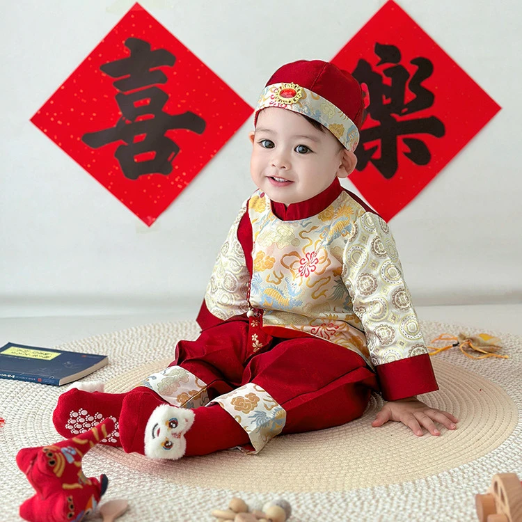 戴维【秋冬新款】2025新款春节喜庆宝宝唐装男女童新年礼服红色拜年