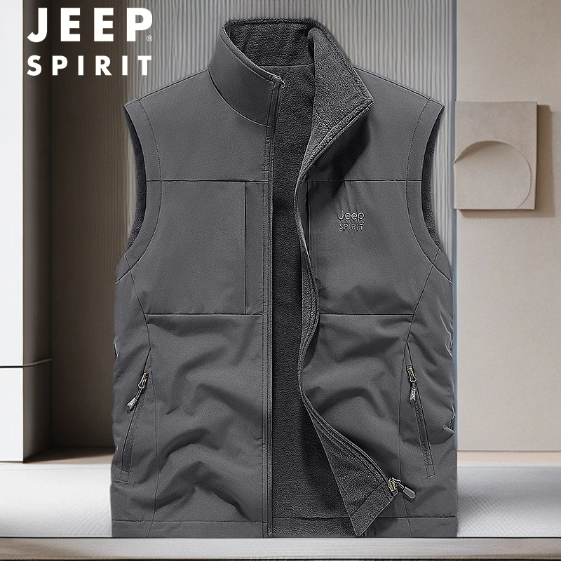 JEEPspirit秋冬双面穿背心工装多口袋马夹钓鱼马甲男大码保暖坎肩