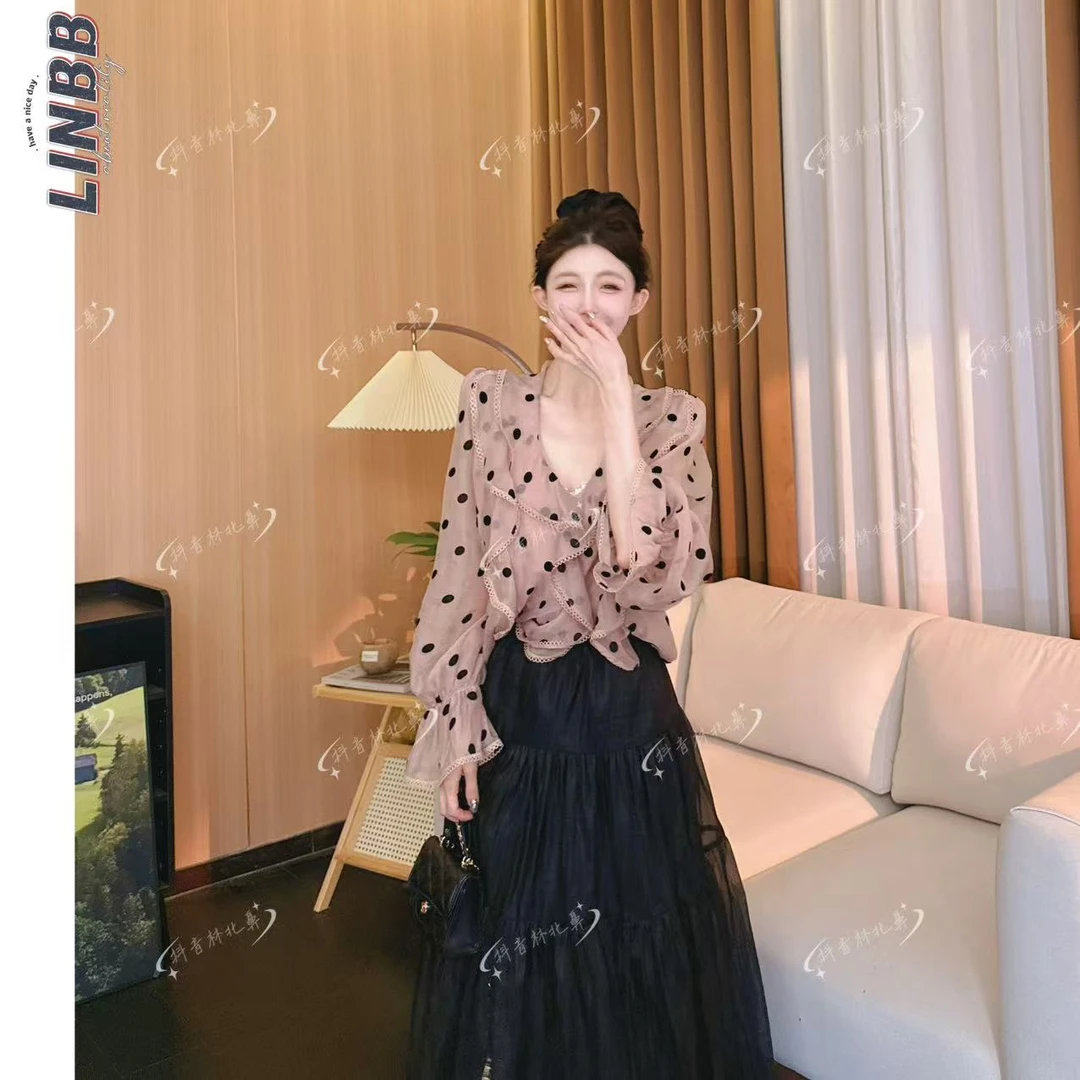 林北鼻-【波波奶茶】韩单夏日蕾丝温柔奶欲衬衫上衣