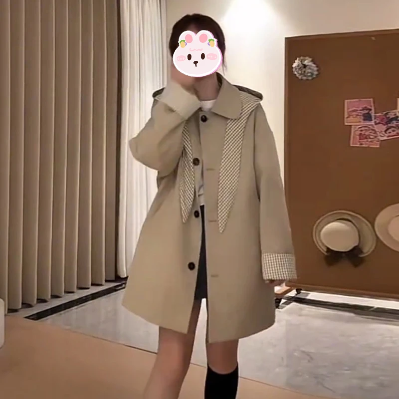 甜酷设计感格纹拼接风衣外套女秋季2025新款韩系宽松显瘦chic大衣