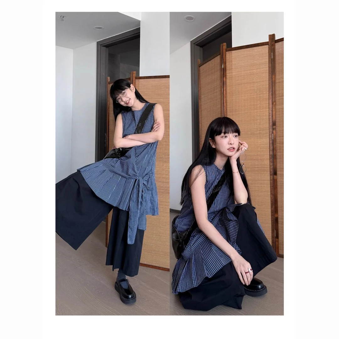 野趣日系设计感拼接格纹百褶背心连衣裙小个子无袖连衣裙甜酷短裙