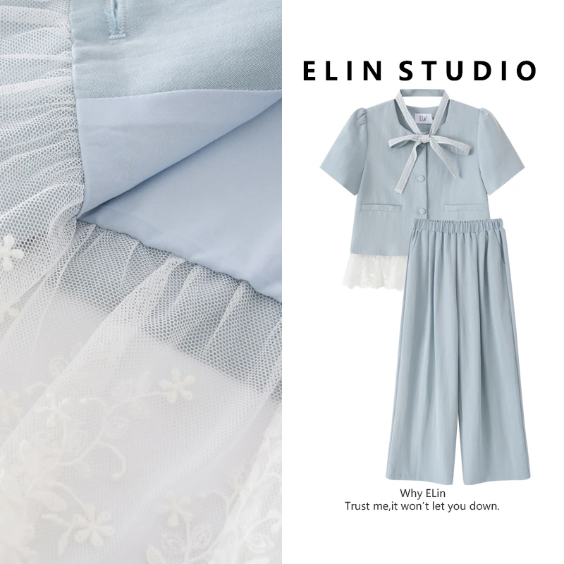 ELIN/现货【花楹微蓝】夏新款气质显瘦百搭轻奢洋气时尚套装#LT236