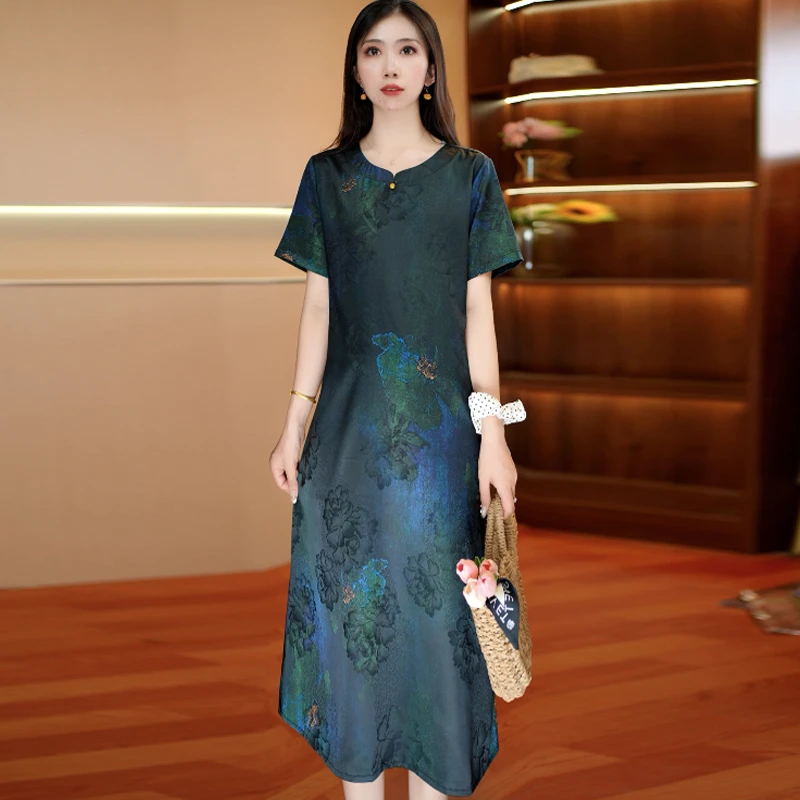 墨绿流彩吊坠裙 中长款夏季时连衣裙百搭遮肉裙子