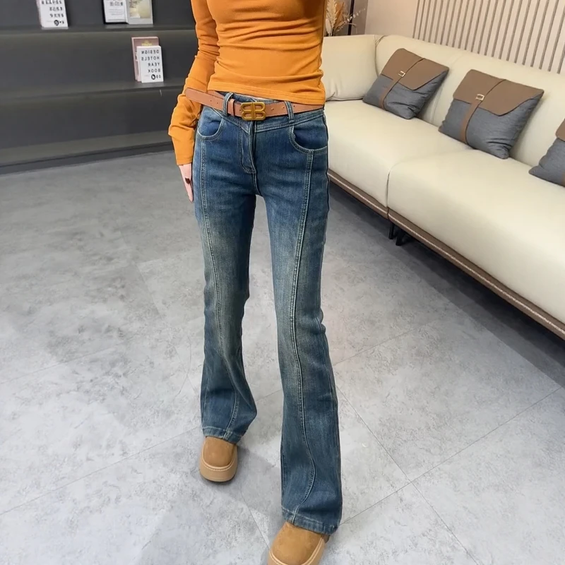 秋冬新款复古直筒洋气马蹄裤女高腰大码显瘦百搭微喇牛仔裤子