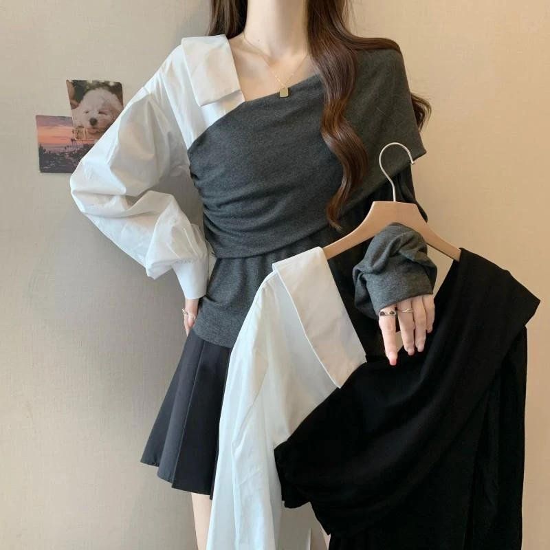 大码女装胖mm春装新款2025法式撞色拼接衬衣不规则收腰显瘦上衣女