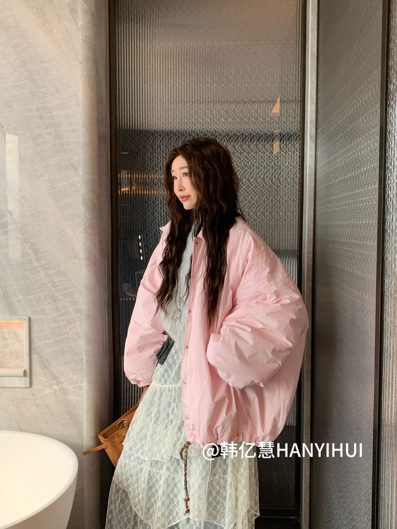H·YIHUI【韩国定制款冬季简约淡粉色蓬松厚外套】