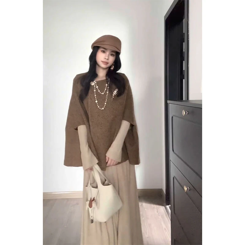 MARIE.COCO氛围感千金风洋气斗篷披肩外套女巨好看收腰连衣裙套装