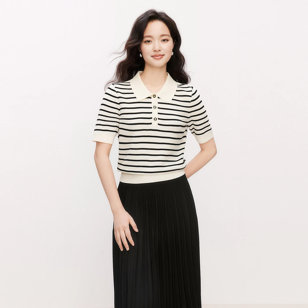 【岚岚专属】珂莱蒂尔夏新款条纹短袖针织衫女翻领修