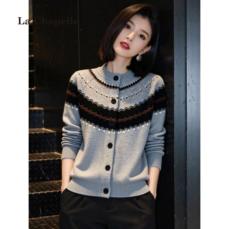拉夏贝尔秋冬加厚提花针织开衫女宽松毛衣软糯时尚圆领慵懒风上衣