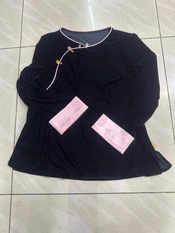 国风款拼粉袖丝绒新款打底弹力小衫～110斤～160斤左右