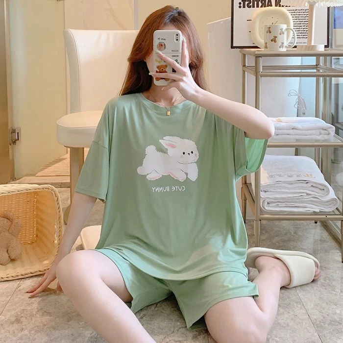 大码睡衣女夏季短袖短裤薄款冰丝螺纹卡通休闲胖mm200斤家居服