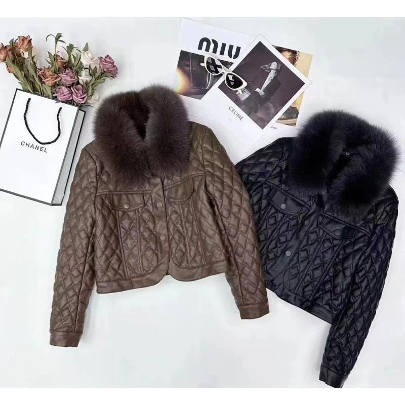 333#-5【衣长53】高端大毛领皮衣外套女短款冬季时尚洋气菱格机车服