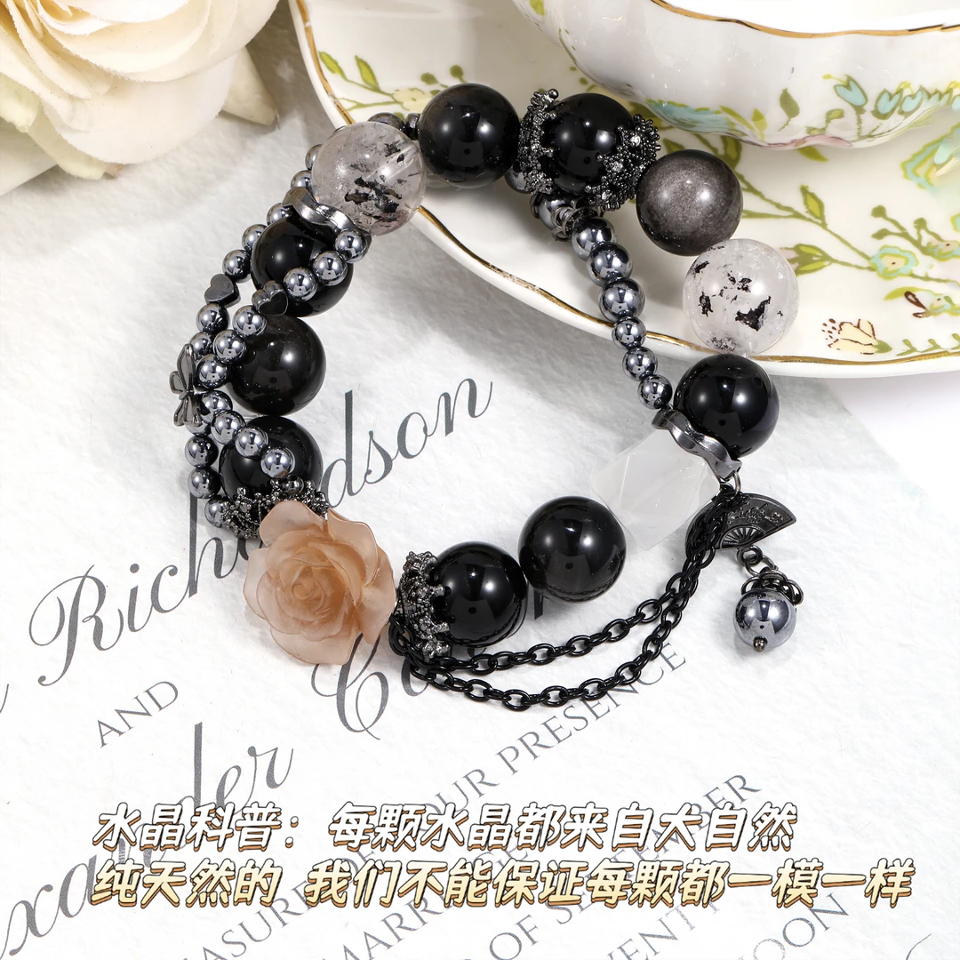 CB3631 银耀石  闪灵 奶白晶唐八棱 玫瑰花挂件百搭水晶手串