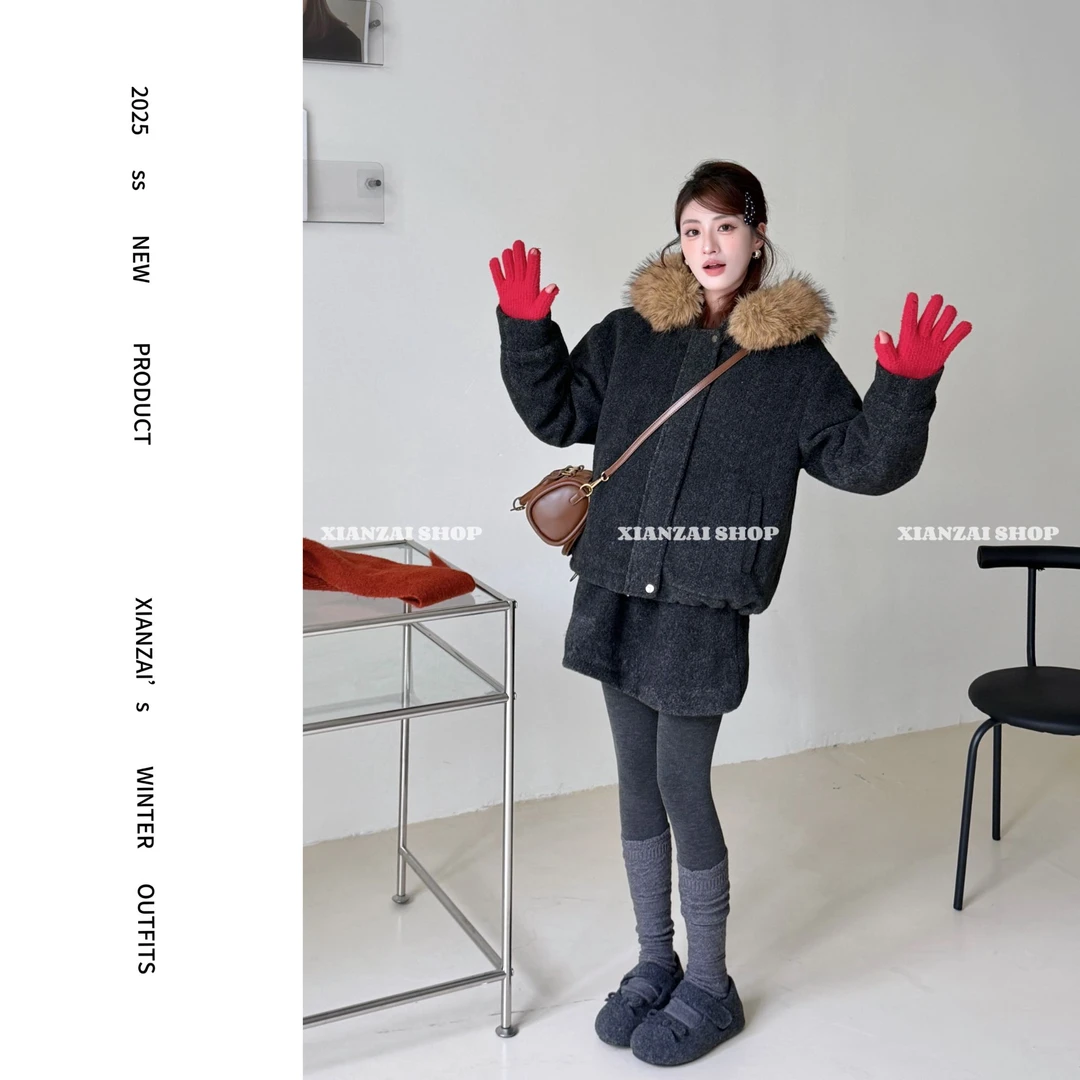 XIANZAI【小暖炉】冬季新款可拆毛领连帽毛呢羽绒服短裙两件套装
