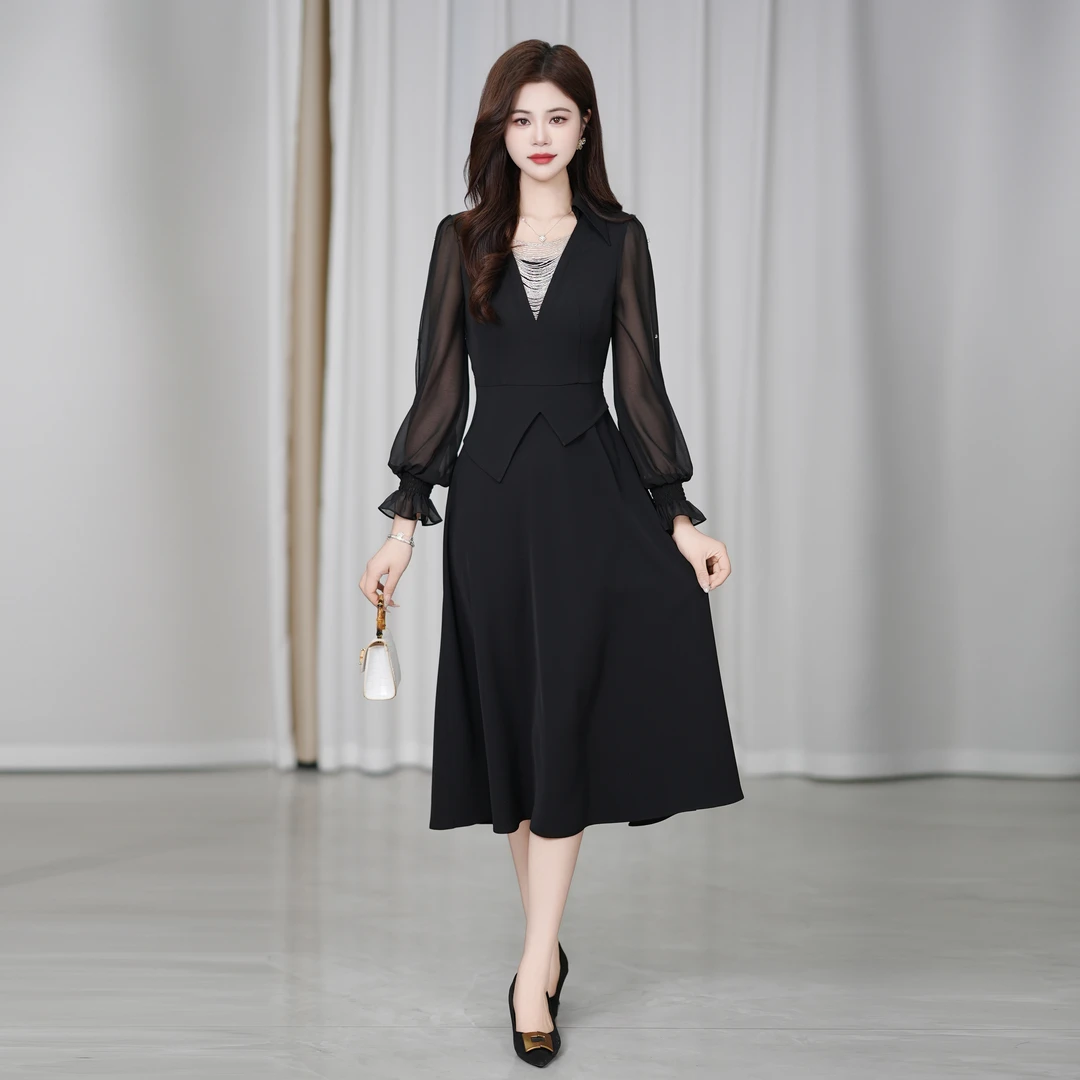 2025年春季尤莱特穿搭纯色时尚气质显瘦松紧腰轻奢长裙连衣裙