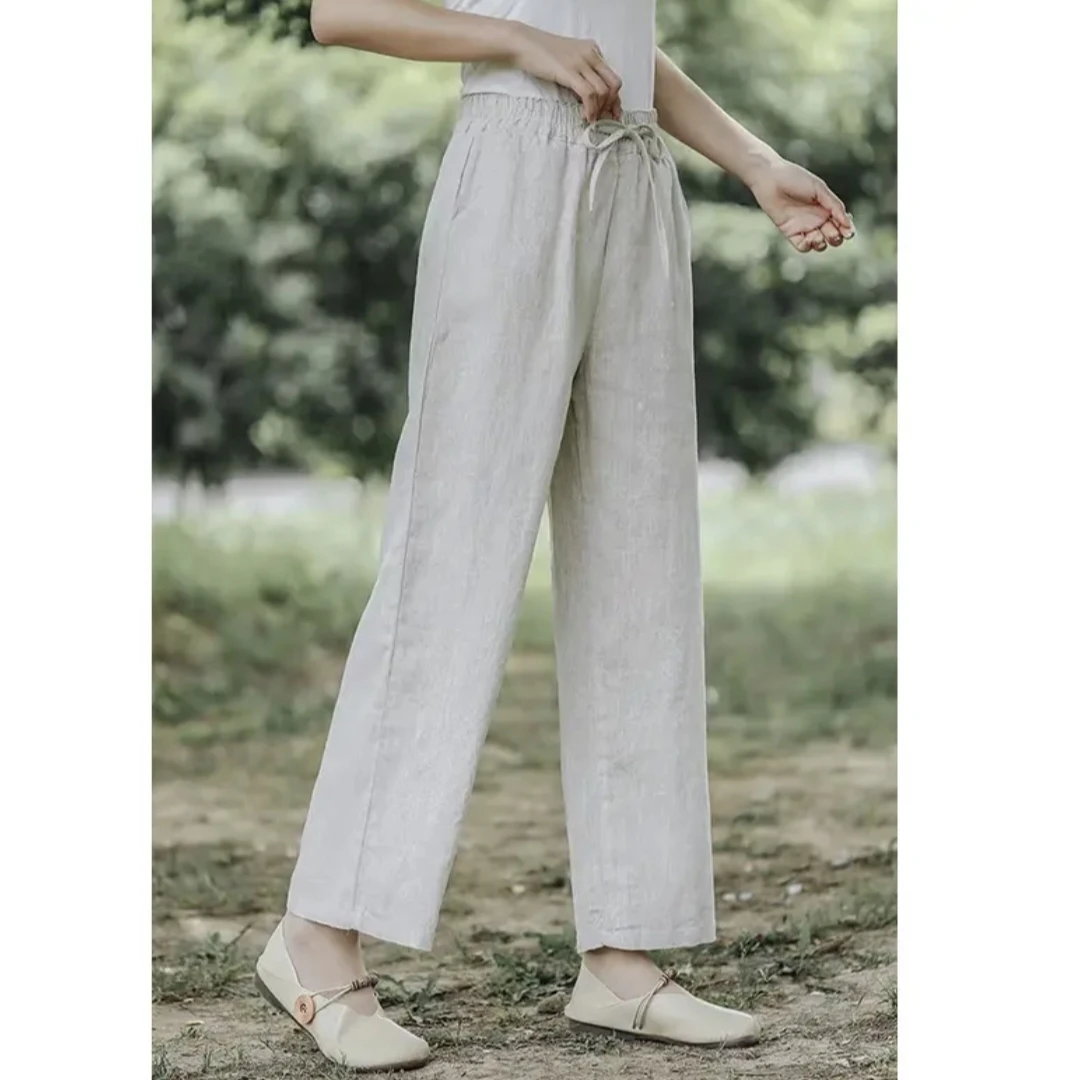 100%亚麻新款长裤休闲裤阔腿裤宽松显瘦透气百搭直筒垂感长裤