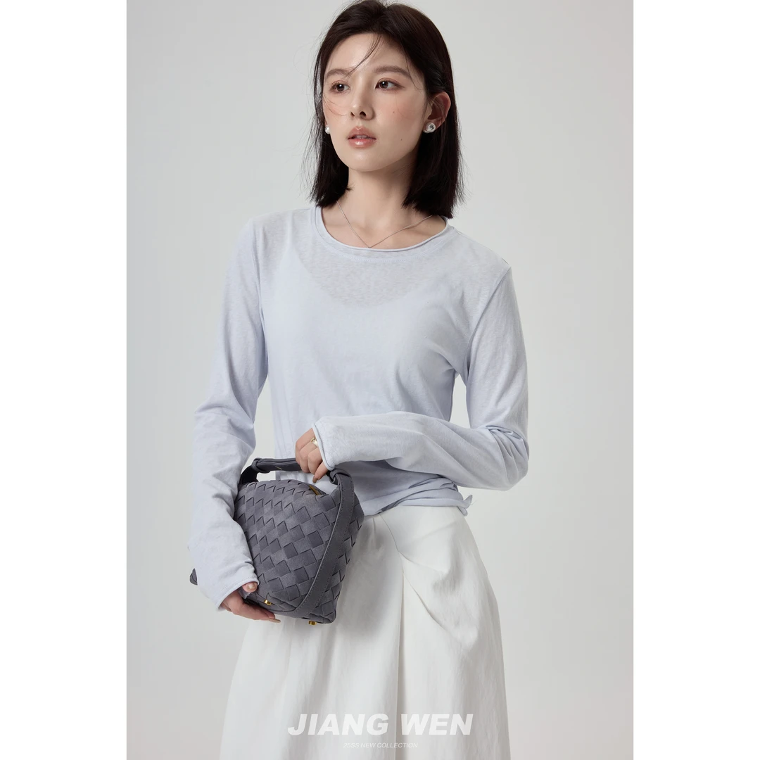 UKILAU【雪花蓝】圆领正肩卷边设计感百搭纯色打底T恤