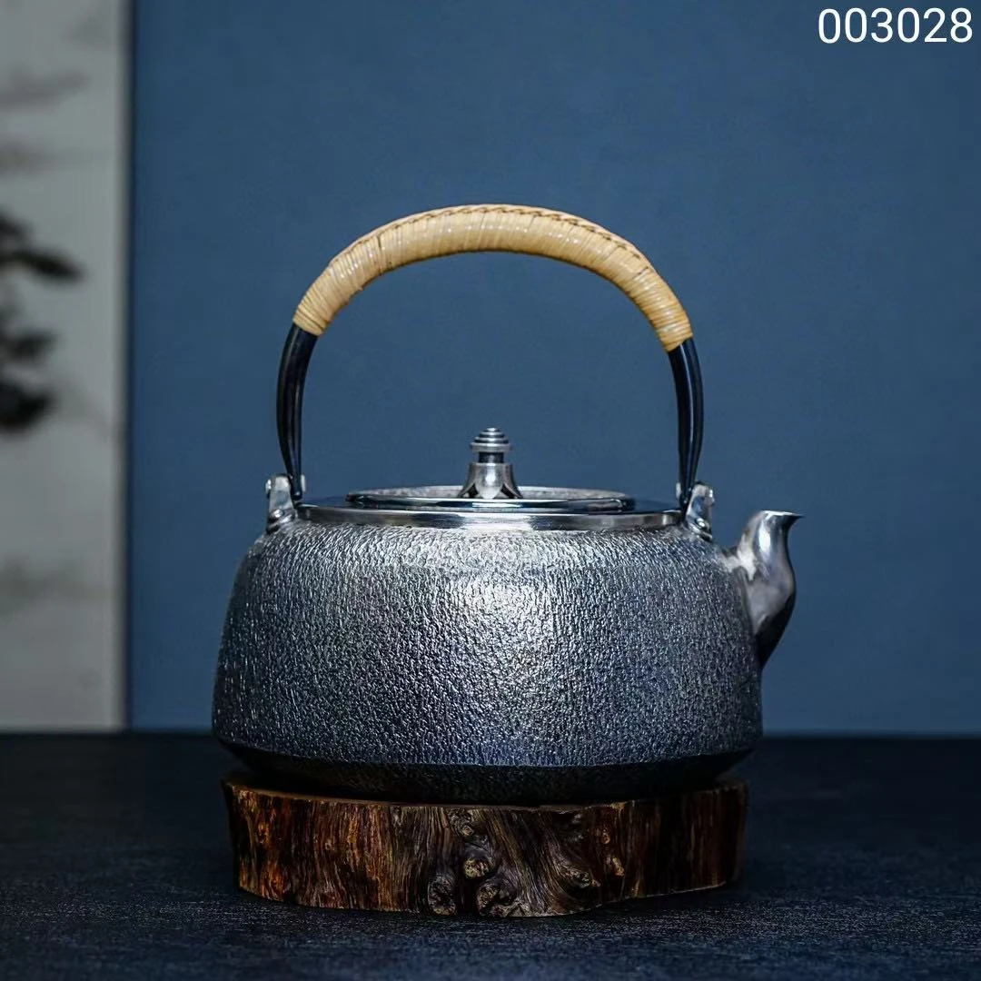 【慕雨手作】纯手工一张打岩肌纹提梁烧水壶家用银壶足银999银茶具