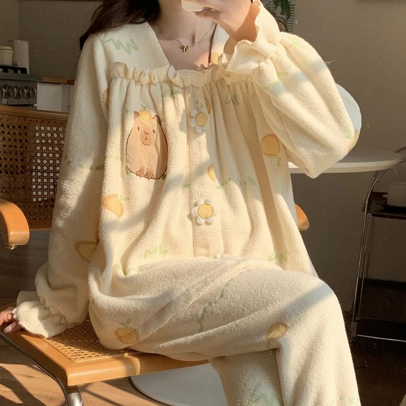 卡皮巴拉睡衣女款秋冬季新款加厚法兰珊瑚绒可爱公主风家居服可爱