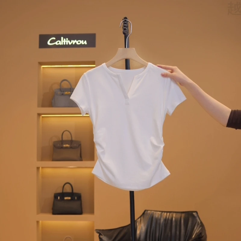 现货【越越】修身正肩短袖t恤女设计感时尚洋气褶皱收腰上衣Y16677