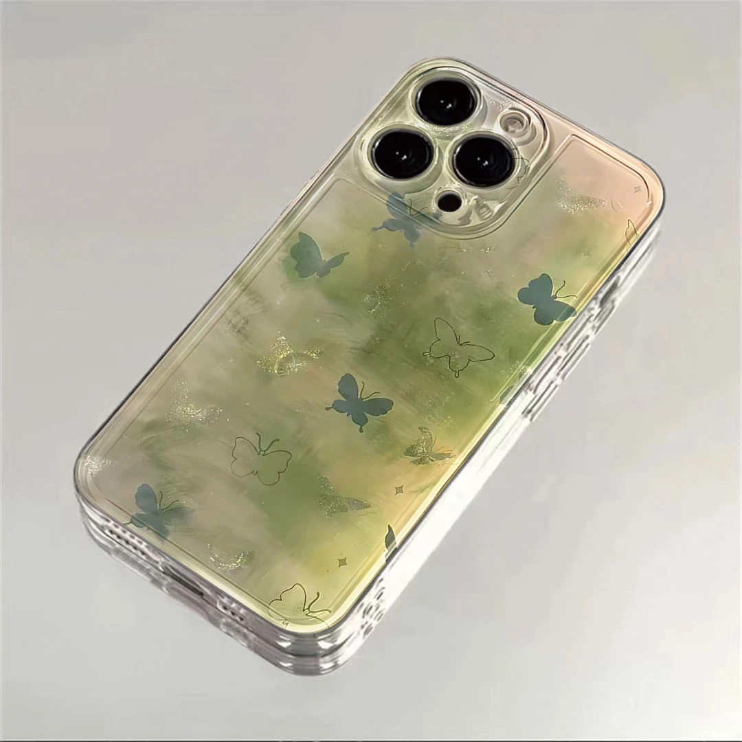 渐变绿蝴蝶适用于iPhone15手机壳苹果13软小米12vivo华为oppo荣耀